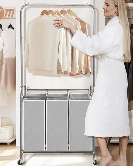 STORAGE MANIAC 136L Laundry Sorter with Hanging Bar, Portable, Removable Laundry Hamper Cart with Heavy Duty Rolling Lockable Wheels and Removable Bags, Rolling Laundry Basket Organizer, 3 Section