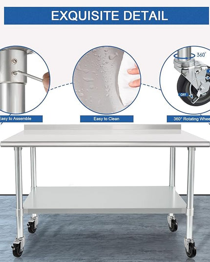 HARDURA Stainless Steel Table 24 x 48 Inches with Wheels Casters NSF Heavy Duty Commercial Prep Table with 2” Backsplash and Adjustable Undershelf for Restaurant Kitchen Home and Hotel