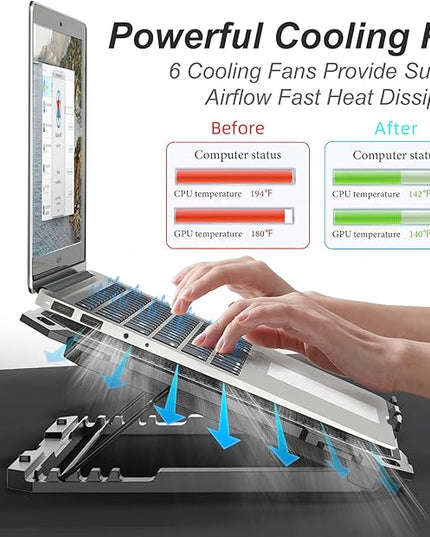 ICE COOREL Laptop Cooling Pad with 6 Cooling Fans, Cooling Pad for Laptop Fan 13-15.6 Inch, Laptop Cooler Stand with 6 Height Adjustable, Notebook Cooler Pad with Two USB Port