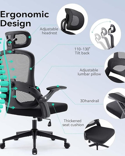 SIHOO Ergonomic Office Chair, Adjustable Lumbar Support, 110-130° Tilt, 3D Armrests, Rolling Computer Desk Chair with Headrest Black