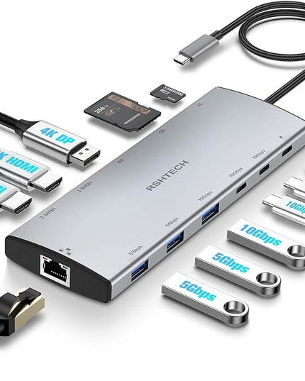 RSHTECH USB C Hub Docking Station Dual Monitor 12 in 1 Triple Display Multiport Adapter with 2 HDMI, 4K DP, 3 USB 3.2 10Gbps, 2 USB 3.0 Ports, 100W PD, Gigabit Ethernet, SD/TF for MacBook, Laptops