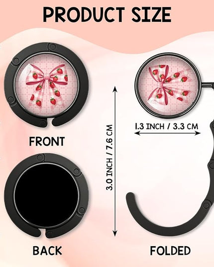 YAZMEEN Pink Bow Foldable Purse Hook for Table, Strawberry Bow, Women's Handbag Hanger Holder, Portable Purse Table Hanger, Funny Desk Hook Gifts for Women Mom Wife Sister Friend Bestie Colleague
