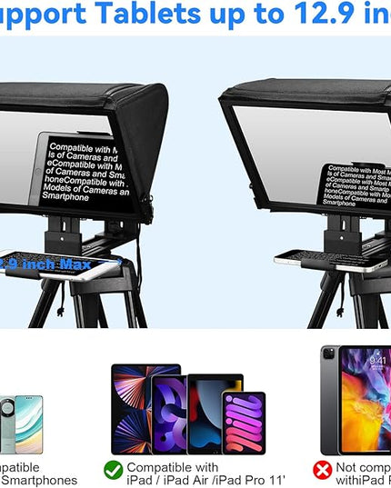 TX12P Teleprompter with Remote App Control, 14inch Metal Teleprompter，Compatible with iPad, Smartphone, DSLR Camera,Collapsible with Carry Case,Easy to Assemble