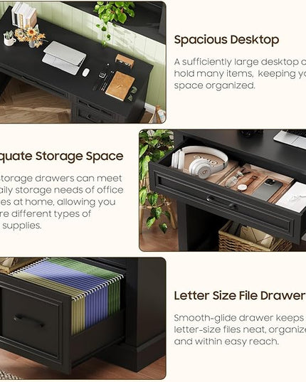 Vabches Farmhouse 47" Executive Desk with File Drawer, Computer Desk with 4 Drawers, Workstation for Study, Home Office, Writing, Pure Black.