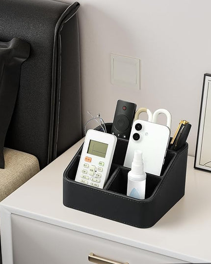 MEIBOOCH Remote Control Holder, PU Leather Small Desk Organizer with 4 Compartments, Nightstand Organizer Desk Caddy for Remote, Notepad, Phone, Glasses, and Accessories (Black)