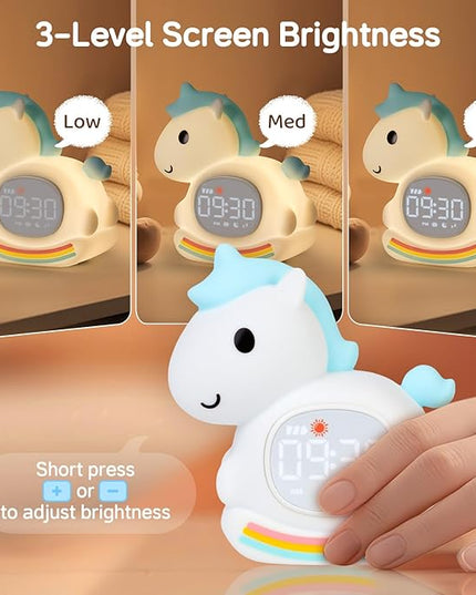 Alarm Clock for Kids with Night Light, Sleep Training Clock Time to Wake Clock, Rechargeable Silicone Light for Bedroom, Perfect Sleep Companion for Boys Girls, Blue Pony