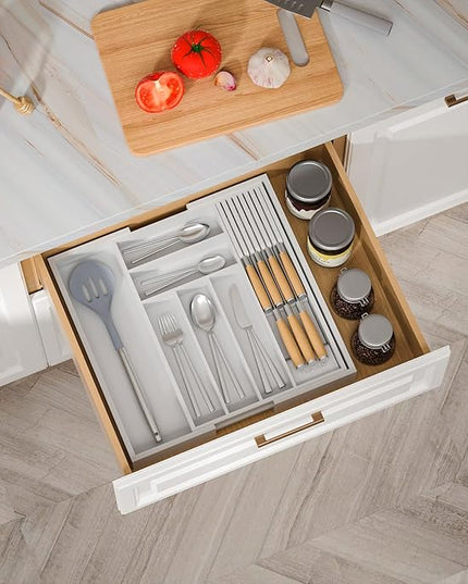 Bamboo-Silverware-Drawer-Organizer-Kitchen, Expandable Utensil Holder Cutlery Tray Flatware Organization Adjustable Wood Tableware Dividers Storage (with Removable Knife Block)(White)