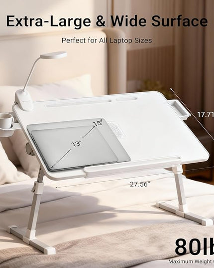 iXTRA Laptop Lap Desk with Cooling Fan - Adjustable Bed Desk with Light, Bed Table with Cup Holder&Phone Holder - Storage Drawer Desk - Folding Bed Desk,White,70x45cm
