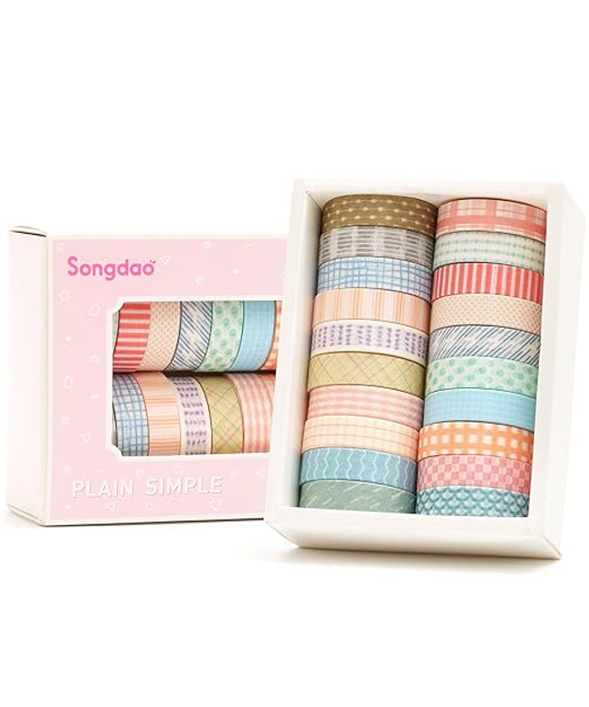 Songdao 20 Rolls Basic Washi Tape Set Japanese Arts Adhesive Tapes Simple Patterns Decorative Masking Tape Sets for Craft, Kids, Scrapbook, DIY, Gift Wrapping (Style One)