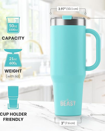 Beast 50 oz Tumbler with Handle Stainless Steel Vacuum Insulated Coffee Ice Cup Double Wall Travel Flask (Aqua Blue)