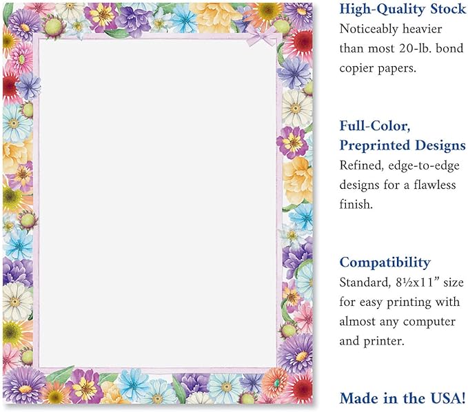 Current Spring Floral Letter Paper - Spring Stationery Papers With Decorative Spring Flowers Border, Printable Holiday, Wedding & Bridal Shower, & Invitation Sheets, Set of 25, 8 1/2" x 11"
