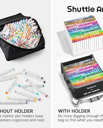 Shuttle Art 240 Colors Alcohol Markers, 239 Colors Dual Tip Art Marker Set Plus Colorless Blender, Micro-tip Pens, White Highlighter Pens, Marker Bag with Holders Perfect for Students Adults Coloring