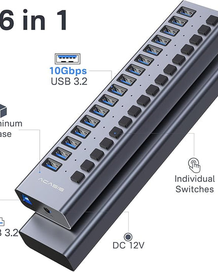 Powered USB 3.2 Hub, ACASIS 16 Ports USB 3.2 Hub with 10Gbps Data Speed，Aluminum Housing, USB Hub Powered with 96W Power Adapter, USB Hub for PC/Laptop, Computer, Flash Drive, Printer, Camera