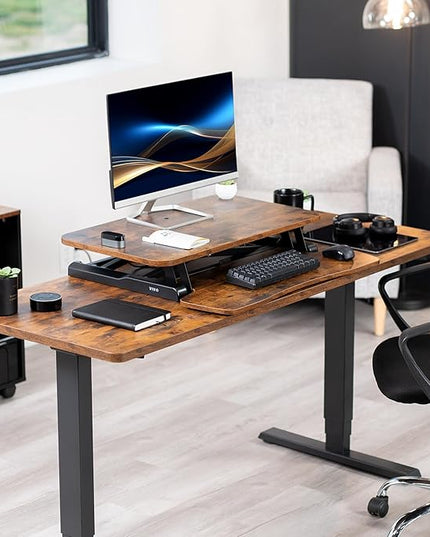VIVO 28 inch Desk Converter, K Series, Height Adjustable Sit to Stand Riser, Dual Monitor and Laptop Workstation with Keyboard Tray, Rustic Vintage Brown Top, Black Frame, DESK-V028KN