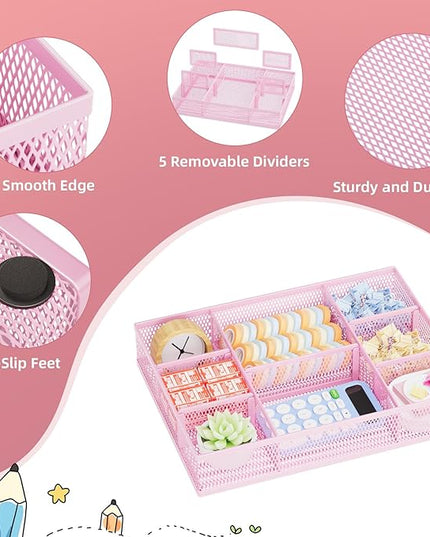 Marbrasse 2 Pack Desk Drawer Organizer, Mesh Drawer Organizer Tray with 8 Adjustable Compartments, Desk Organizers and Accessories, 5 Dividers Drawer for Office Supplies, Makeup & Vanity (Pink)