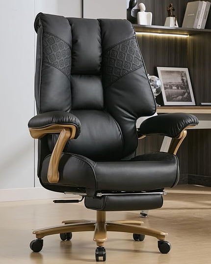 Big and Tall Executive Office Chair with Footrest, 400LBS Capacity Ergonomic High-Back Desk Office Chair with Lumbar Support, Padded Armrests & Thick Cushion, Black PU Leather Chairs