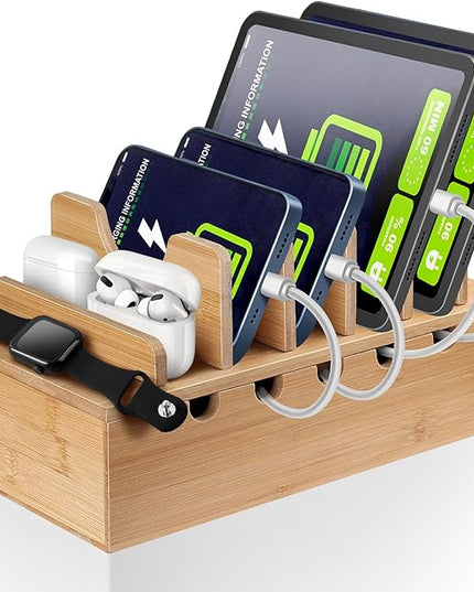 Bamboo Charging Station for Multiple Devices, Cell Phone Docking Charging Station Organizer, Nightstand Bedside Desk Device Charger Organizer for Laptop, Tablets and iPads