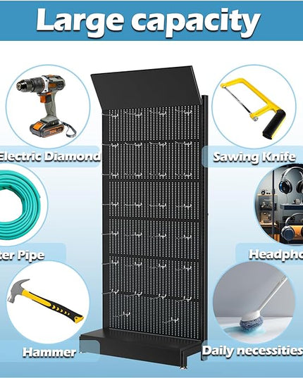 Metal Pegboard Shelf - Peg Board Display Stand with 30 Hooks, 85x36x13 in, Portable Garage Pegboard Organizer Retail Display Rack for Craft Shows,Kitchen Decoration, Mobile Phone Shop/Black