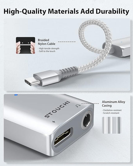 Stouchi USB C to 3.5mm Headphone and Charger Adapter, 2 in 1 USB-C to Aux Audio Jack with 30W Safe Fast Charging Hi-res DAC for iPhone 17/16 /15, Pixel 9/8 /7/6, iPad,Galaxy S25 S24 S23 Ultra (Silver)