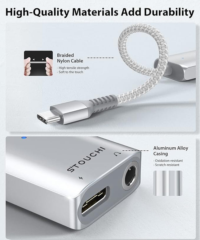 Stouchi USB C to 3.5mm Headphone and Charger Adapter, 2 in 1 USB-C to Aux Audio Jack with 30W Safe Fast Charging Hi-res DAC for iPhone 17/16 /15, Pixel 9/8 /7/6, iPad,Galaxy S25 S24 S23 Ultra (Silver)