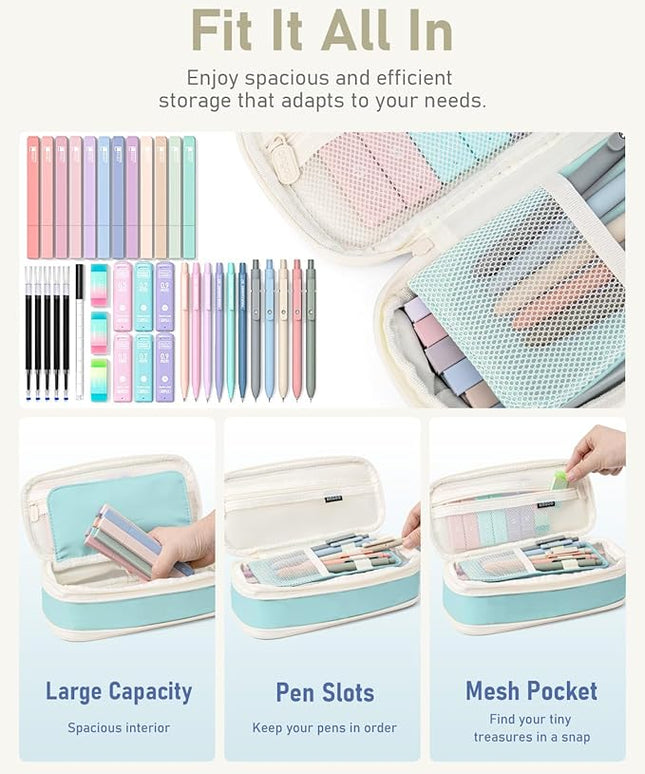 Four Candies 39 PCS Aesthetic School Supplies with Cute Pen Case, 12 Pastel Highlighters, 5 Black Ink Gel Pens, 6 Mechanical Pencils Set for Students Stationary College Essentials (Blue)
