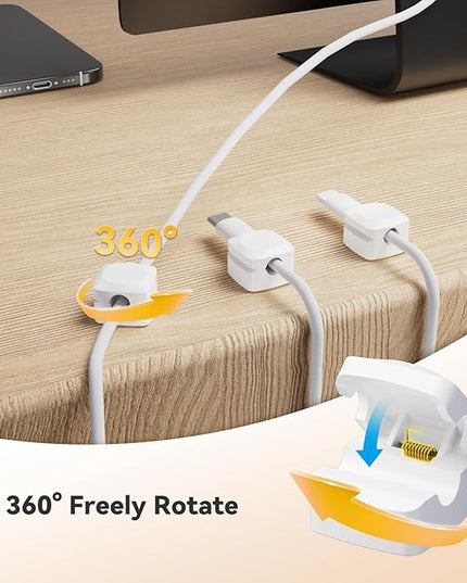 Rotatable Cord Organizer, Enhanced Spring Cable Clips, Strong Adhesive Cable Management, Desk Cord Holder for Nightstand, Office Accessories and Car (4 White + 4 Black)