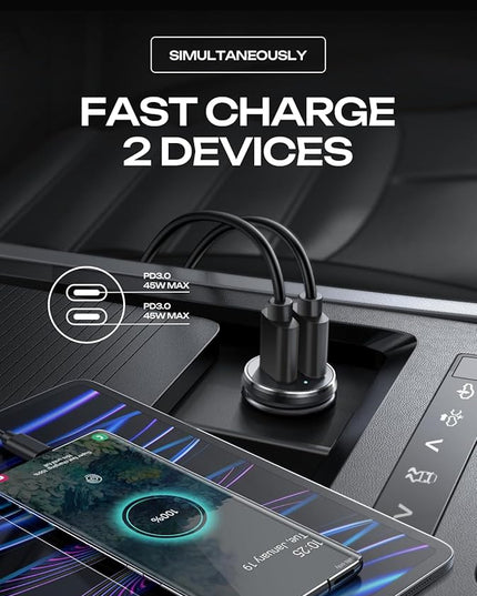 LISEN 90W USB C Car Charger for iPhone 17 Car Charger 45W Fast Charging, 2-Port PD 45W & QC 3.0 Cigarette Lighter USB Charger [All Metal&Mini] for iPhone 17 Air/16/15/14/13 Pro,Samsung Galaxy S26/S25