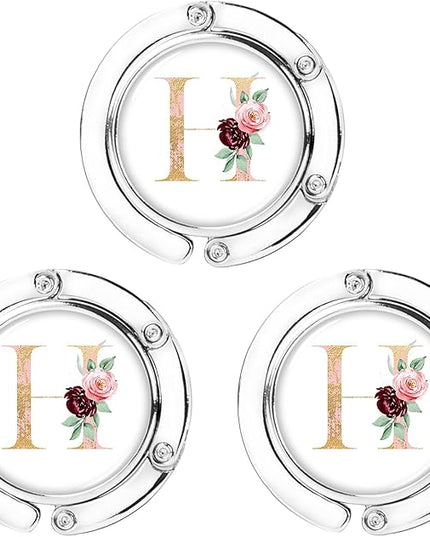 Iqimott 3pcs Personalized Initial Foldable Purse Hook for Table, Flower Letter Folding Handbag Hanger Portable Magnet Table Hook Holder, Collection Desk Purse Hooks for Women Bag (Pink-H)