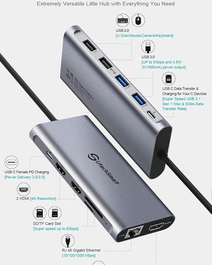 UtechSmart USB C Hub, 3 HDMI Docking Station Triple Display 12 in 1 USB C Laptop Adapter with 4K HDMI PD3.0 SD TF Card Reader Gigabit Ethernet for MacBook Pro/Air/M1/M2 & Windows