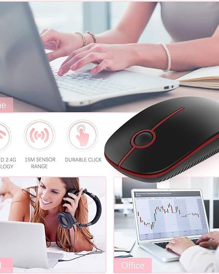 VssoPlor Wireless Mouse, 2.4G Slim Portable Quiet Computer Mice with Nano Receiver for Notebook, PC, Laptop, Computer-Black and Wine Red
