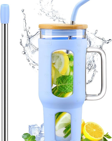 Glass Tumbler with Lid and Straw, 46 oz Iced Coffee Cup with Handle, Large Water Bottles with Silicone Sleeve, Glass Cup with Straws - Pearl Straw & Drinking Straw BPA Free-Glacier