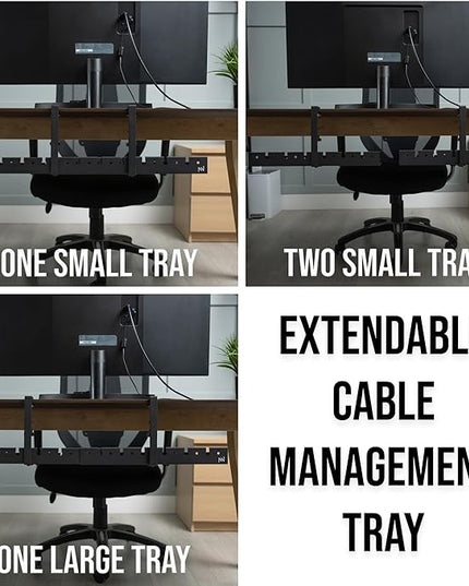 No Drill Under Desk Cable Management Tray - Extendable 16" to 31" Sturdy Steel Desk Cord Hider Raceway - Under Desk Cable Tray Holder with 38 Wire & Cable Rack Organizer Accessories - Black