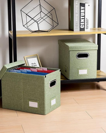 PRANDOM File Organizer Box - Set of 1 Collapsible Decorative Linen Filing Storage Hanging File Folders with Lids Office Cabinet Letter Size Green (14x9.3x10.8 inch)