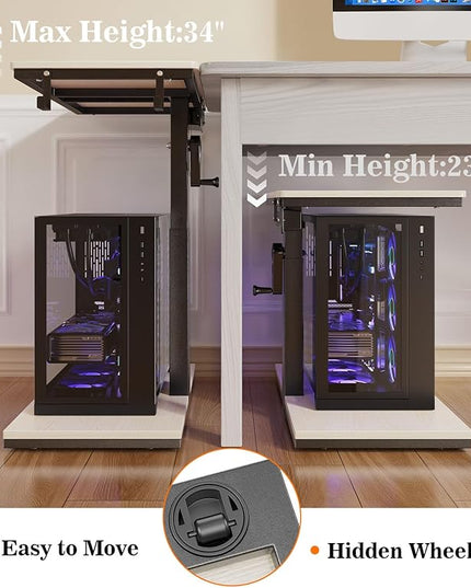 Height Adjustable Computer Tower Stand with Wheels and Charging Station,2-Tier PC Stand for Floor or Carpet,PC Holder Under Desk for ATX-Case,Office,Home,Gaming Room (White)