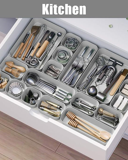 18 pcs Desk Drawer Organizer Tray, Multiple Sizes Plastic Drawer Organizer Storage, Stackable Organizer Containers For Makeup, Bedroom, Kitchen Gadgets Utensils and Office