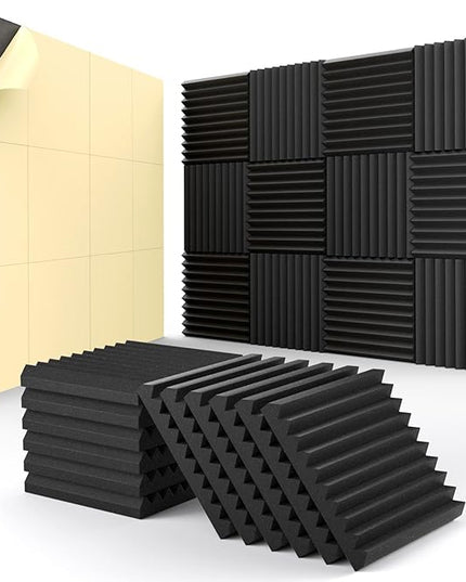52 pack Acoustic Panels Self-Adhesive, 1" X 12" X 12" Quick-Recovery Sound Proof Foam Panels, Acoustic Foam Wedges High Density, Soundproof Wall Panels for Home Studio,black-01