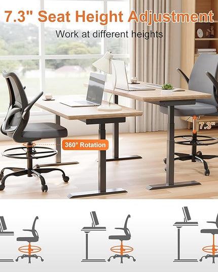 Drafting Chair,Tall Office Chair with Adjustable Footrest Ring,Lumbar Support,Ergonomic High Desk Seat,Flip-Up Armrests,Breathable Mesh Standing Stool for Home Office,Grey