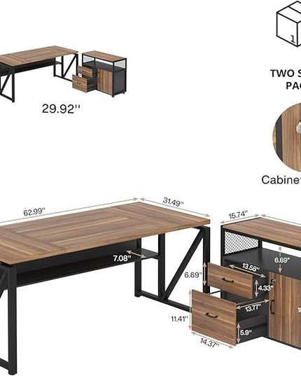 Tribesigns 63" Executive Desk with Reversible File Cabinet, Large L-Shaped Office Desk with Drawers, Business Furniture Workstation for Home Office