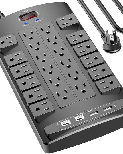 QINLIANF Surge Protector Power Strip - 10Ft Flat Plug Heavy Duty Extension Cord with 24 Outlets and 4 USB Ports(2 USB-C Ports), 1875W/15A, 4100J, for Home, Office, Dorm, ETL Listed, Black