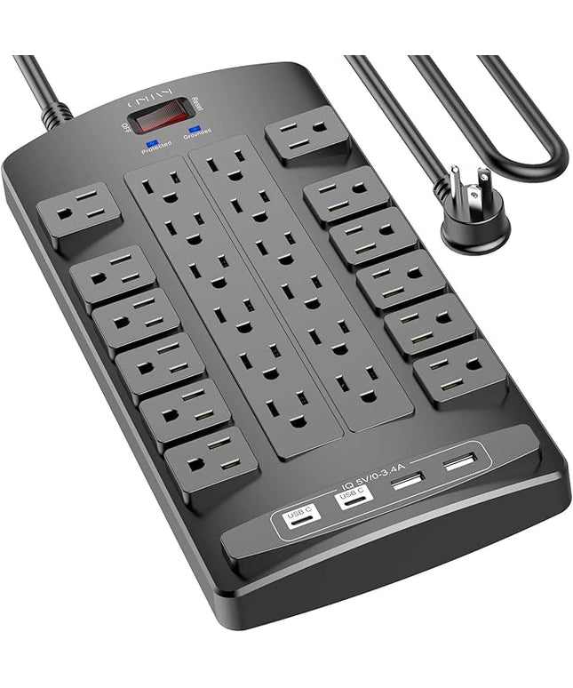 QINLIANF Surge Protector Power Strip - 10Ft Flat Plug Heavy Duty Extension Cord with 24 Outlets and 4 USB Ports(2 USB-C Ports), 1875W/15A, 4100J, for Home, Office, Dorm, ETL Listed, Black