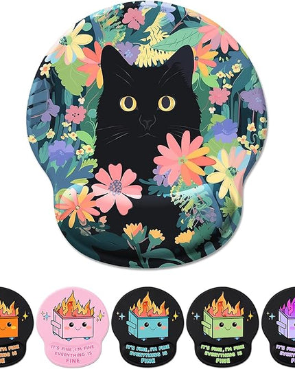 Ergonomic Mouse Pad Wrist Support, Flower Cat Mouse Pads with Wrist Rest, Cute Funny Computer Mousepad with Non-Slip PU Base, Comfortable Mouse Pad for Desk Accessories Office Supplies Decor