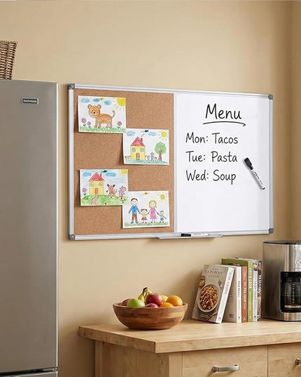 Magnetic Combination Whiteboard & Cork Bulletin Board, 36 x 24 Inch-Dual Surface Combo Board for Home Office Organization, Kitchen Meal Planning & School Study-Silver Aluminum Frame