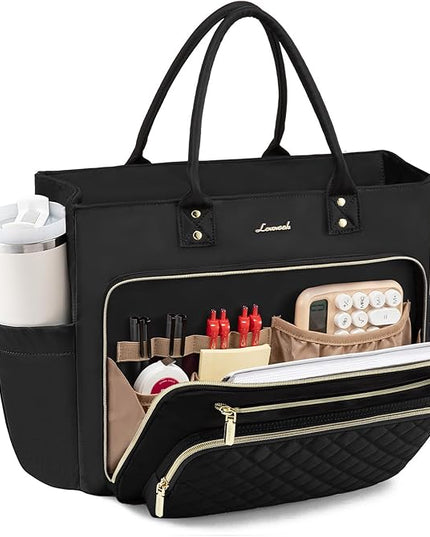 LOVEVOOK Teacher Tote Bag for Women Work, Laptop Bag Work Tote Bag Nurse Bags With Large Cup Holder, Professional Computer Briefcase Business Large Purses Handbag, Diaper Bag Mother Gift, Black