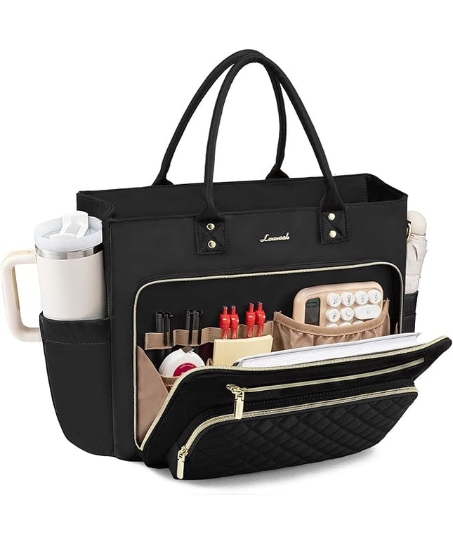 LOVEVOOK Teacher Tote Bag for Women Work, Laptop Bag Work Tote Bag Nurse Bags With Large Cup Holder, Professional Computer Briefcase Business Large Purses Handbag, Diaper Bag Mother Gift, Black