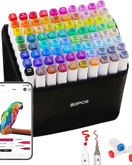 Alcohol Markers with APP, 80 Colors Dual Tip Art Marker for Adults Coloring Books, Alcohol Based Illustration Markers Set for Adult Artist Drawing Sketching Painting Lettering Cards