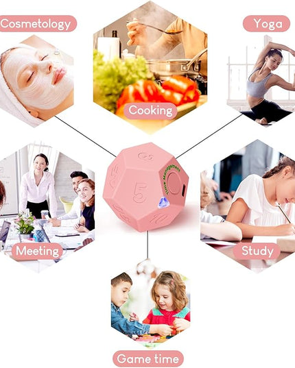 Pomodoro Timer, 11 Preset Time Productivity Timer, Ring/Vibrate Mode Productivity Cube, Type C Rechargeable Kitchen Cooking Timer for Cooking, Learning, Exercise and Beauty-Pink