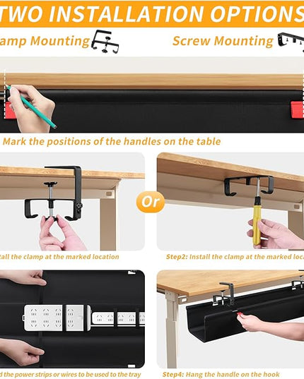 No Drill Under Desk Cable Management Tray, 48" Cord Organizer with Clamp, Fabric Cable Management for Standing Desks, Ideal for Home & Office - Black