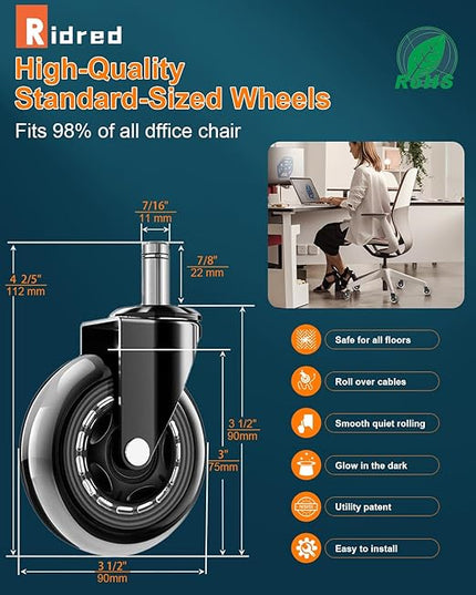 RidRed Office Chair Wheels - Replacement Rubber Wheels - Universal Fit 3 Inch Casters, Heavy-Duty Chair Casters, Noise Free, Fits 98% Chair, for All Floor (5)