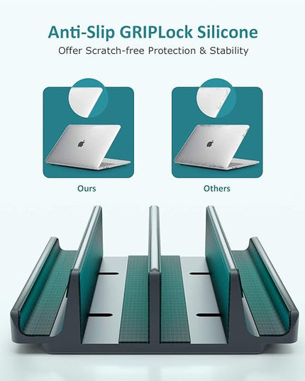 Vertical Laptop Stand - SPACEMax Adjustable GRIPLock Anti-Tip Silicone 4 Slots Aluminum Desktop Holder - Double Dock Stand - 2 Phone Slots Fits Up to 17.3” Laptops, Tablets, Phones - Gray