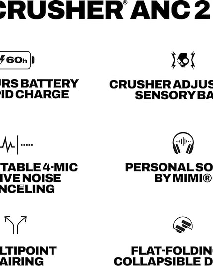 Skullcandy Crusher ANC 2 Wireless Over-Ear Bluetooth Headphones with Multi-Sensory Bass, Active Noise Cancelling, Up to 60 Hours Battery, Microphone for iPhone Android - Preppy Blue